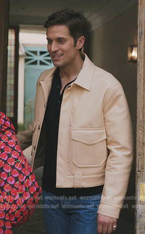 Gabriel's beige leather jacket on Emily in Paris