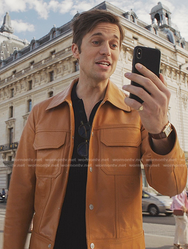 Gabriel’s orange leather jacket on Emily in Paris