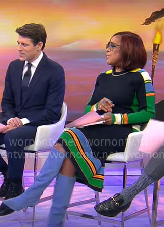 Gayle King’s navy striped sweater and skirt set on CBS Mornings