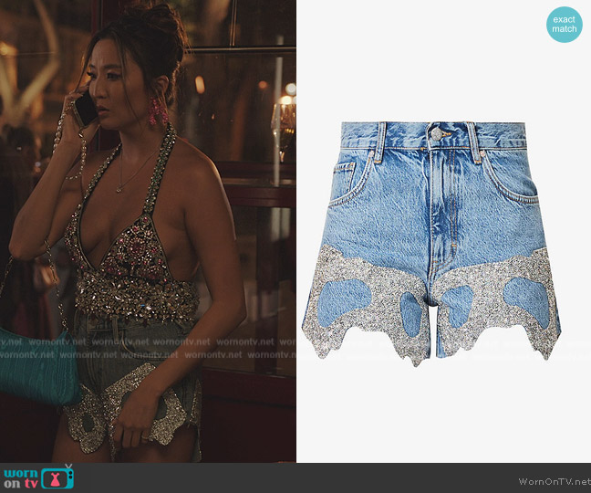 Patch-embellished upcycled denim shorts by Germanier worn by Mindy Chen (Ashley Park) on Emily in Paris