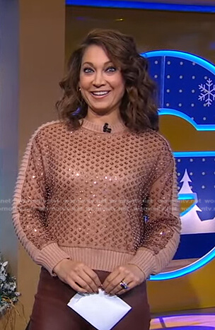Ginger’s brown embellished sweater on Good Morning America