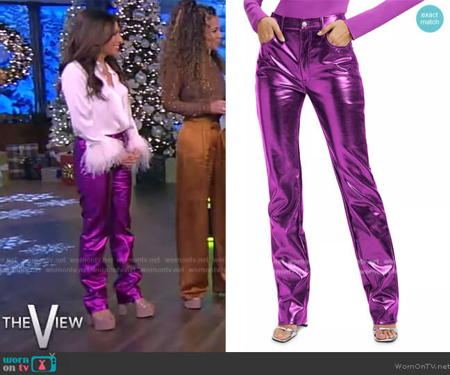 Good American Good Icon High Rise Straight Faux Leather Jeans in Powder Purple Metallic worn by Alyssa Farah Griffin on The View