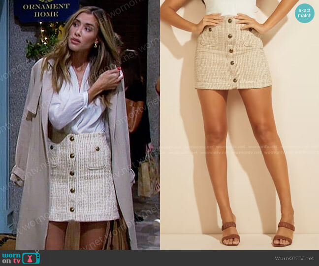 Guess Frances Tweed Skirt in Shitake bucolic tweed worn by Sloan Peterson (Jessica Serfaty) on Days of our Lives