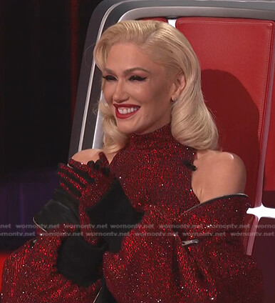 Gwen’s red embellished jumpsuit and jacket on The Voice