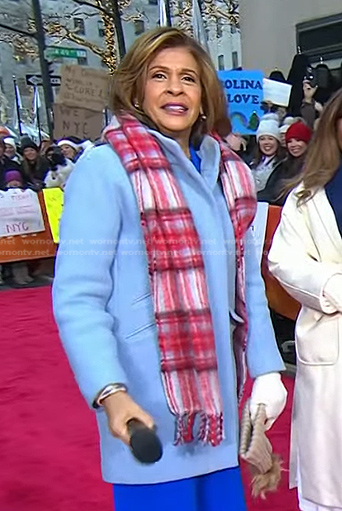 Hoda’s light blue coat and plaid scarf on Today
