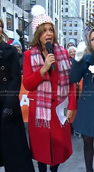 Hoda’s red coat and plaid wool scarf on Today