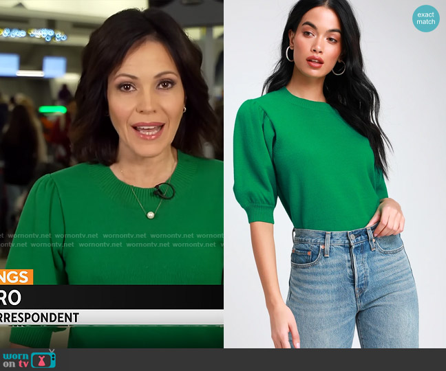 Honey Punch Glenna Green Puff Sleeve Sweater Top worn by Tanya Rivero on CBS Mornings