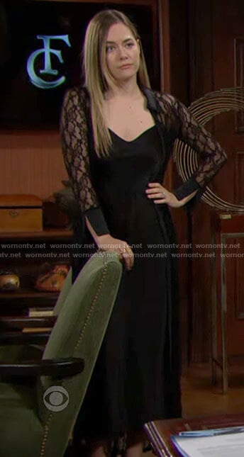 Hope’s long black lace shirt on The Bold and the Beautiful