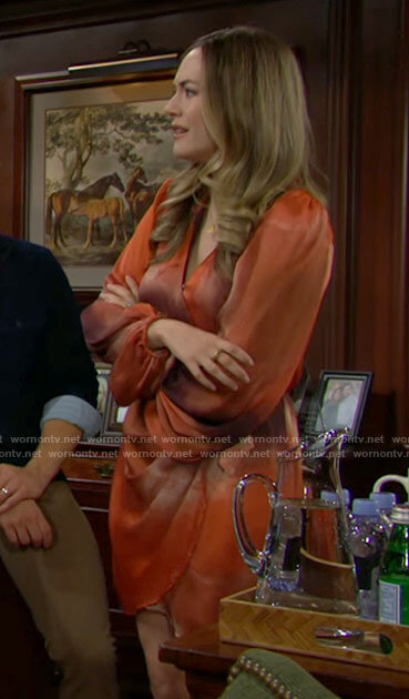Hope’s orange wrap dress on The Bold and the Beautiful