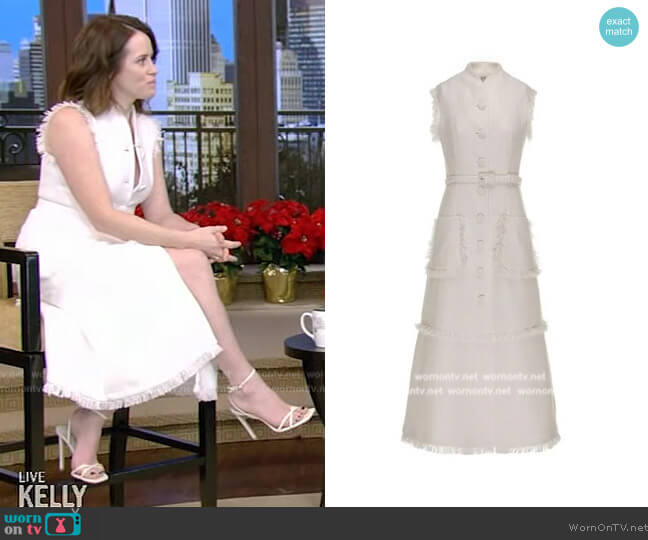 Huishan Zhang Felicity frayed-trims split-hem woven midi dress worn by Claire Foy on Live with Kelly and Ryan