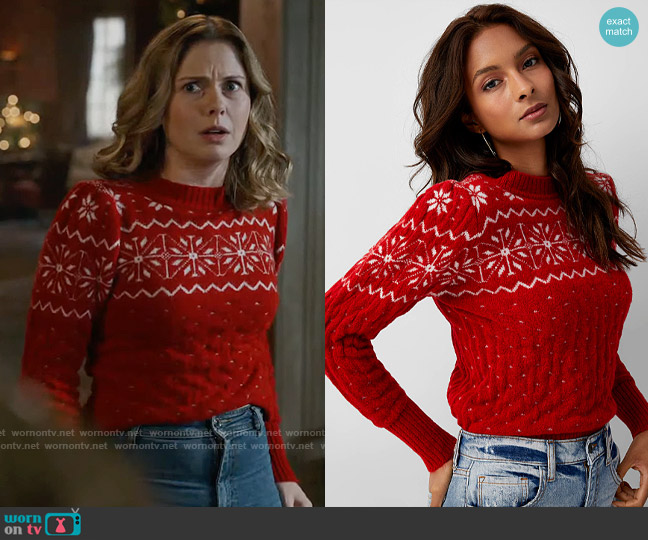 Icone at Simons Snowflake and cable-knit sweater worn by Sam (Rose McIver) on Ghosts