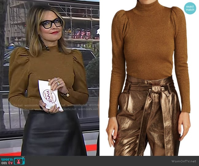 Issa Glitter Puff-Sleeve Turtleneck Sweater by Alice + Olivia worn by Savannah Guthrie on Today
