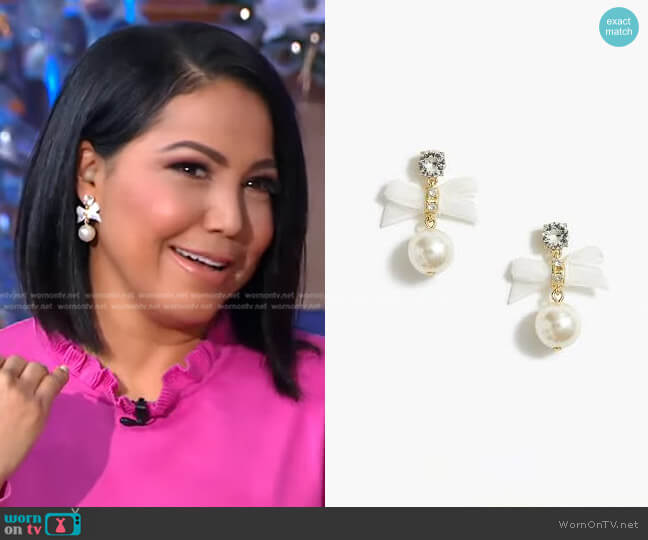 J.Crew Festive Bow Pearl Earrings in White worn by Stephanie Ramos on Good Morning America
