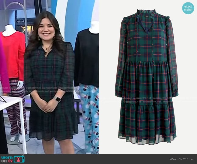 J. Crew Tie-Neck Tiered Dress in Black Watch Tartan worn by Adrianna Barrionuevo Brach on Today