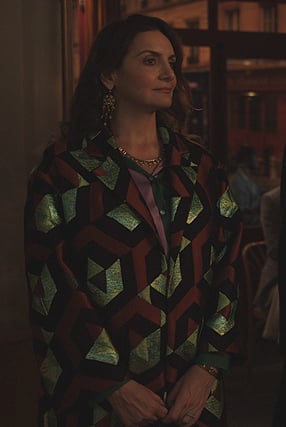 Marianne's geometric jacquard coat on Emily in Paris