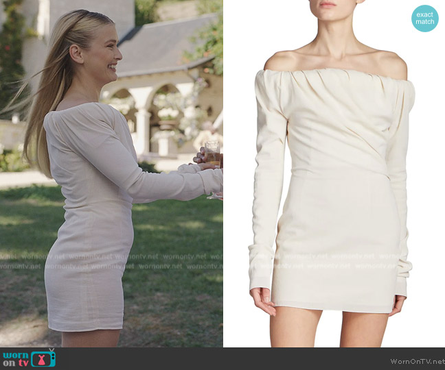 Camille’s white off shoulder gathered mini dress on Emily in Paris