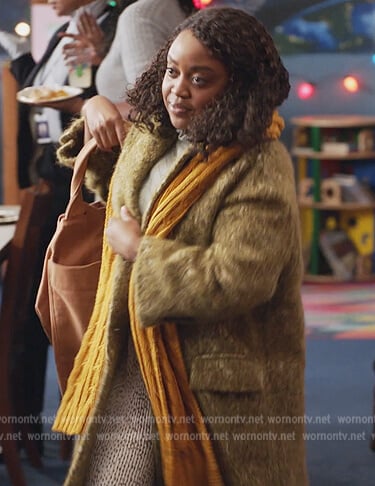 Janine’s mustard jacquard coat on Abbott Elementary