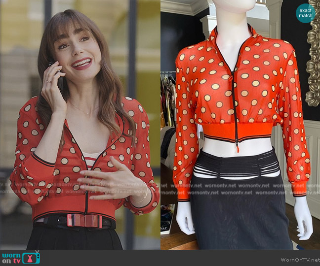 Jean Paul Gaultier Polka Dot Bomber Jacket worn by Emily Cooper (Lily Collins) on Emily in Paris