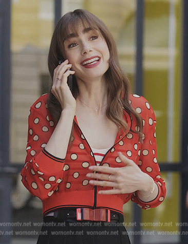 Emily’s red polka dot jacket on Emily in Paris