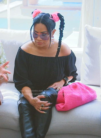 Jens’a square sunglasses and pink bag on The Real Housewives of Salt Lake City