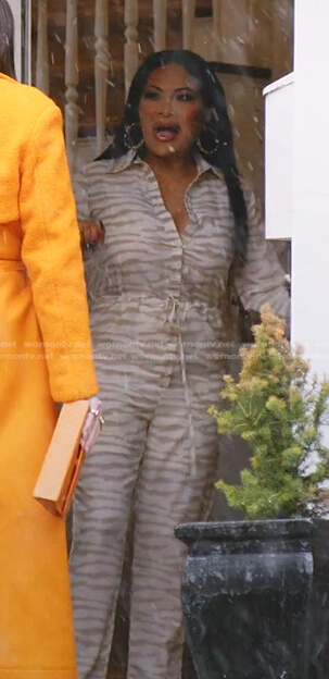 Jen’s white animal print jumpsuit on The Real Housewives of Salt Lake City