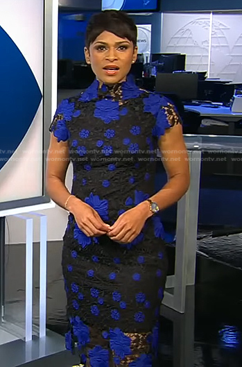Jericka's black and blue floral lace dress on CBS Evening News