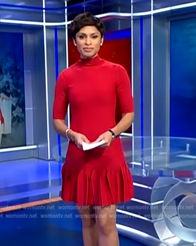 Jericka’s red ruffle mini dress on CBS Evening News
