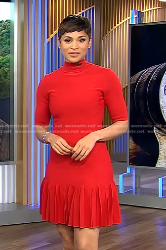 Jericka's red ruffle mini dress on CBS Evening News