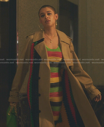 Julien's multicolor striped jumpsuit and crochet trench coat on Gossip Girl