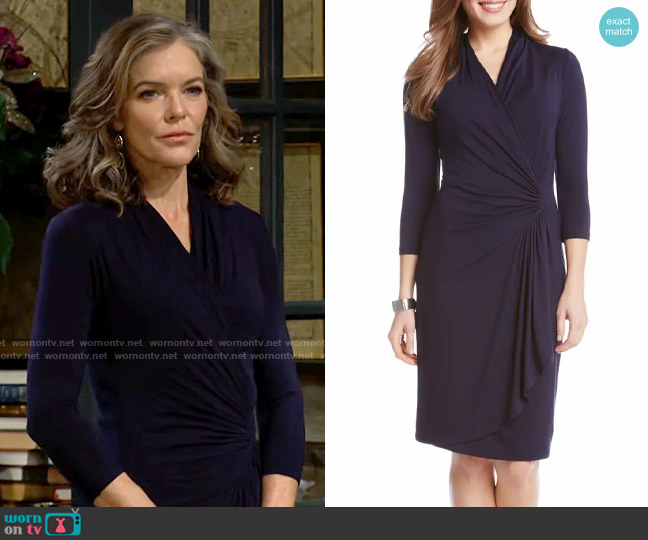 Karen Kane Cascade Faux Wrap Dress in Navy worn by Diane Jenkins (Susan Walters) on The Young and the Restless