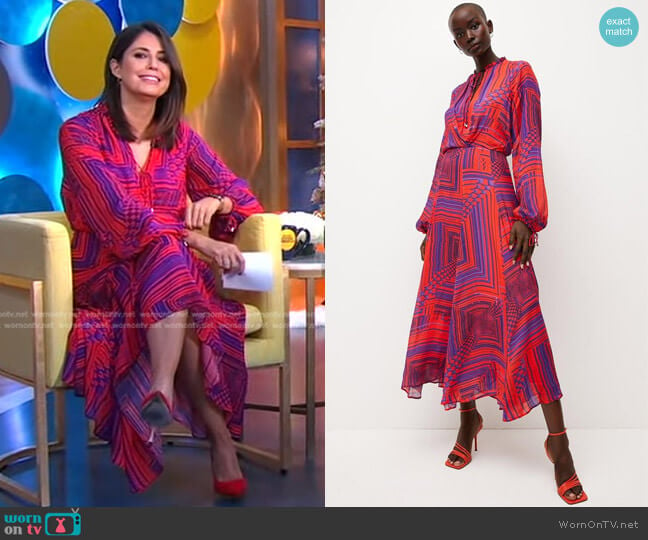 Karen Millen Geo Chiffon Balloon Sleeve Drama Woven Maxi Dress worn by Cecilia Vega on Good Morning America