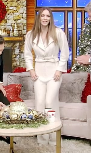 Katharine Foster’s white tweed belted jacket on Live with Kelly and Ryan