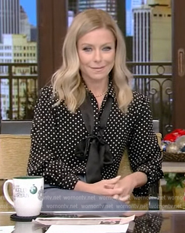Kelly’s black polka dot blouse on Live with Kelly and Ryan