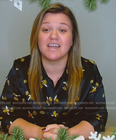 Kelly’s black bee print satin blouse on The Kelly Clarkson Show