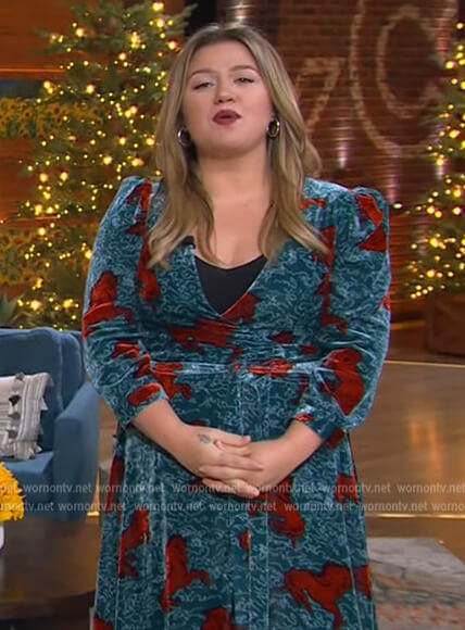 Kelly’s blue horse print wrap dress on The Kelly Clarkson Show