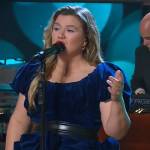 Kelly’s blue velvet ruffle mini dress on The Kelly Clarkson Show