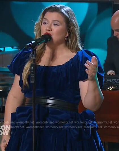 Kelly's blue velvet ruffle mini dress on The Kelly Clarkson Show