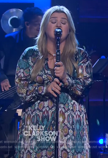 Kelly’s printed v-neck asymmetric dress on The Kelly Clarkson Show