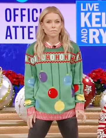 Kelly's green ugly Christmas sweater on Live with Kelly and Ryan