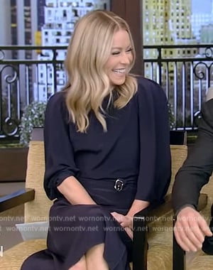 Kelly’s navy belted dress on Live with Kelly and Mark