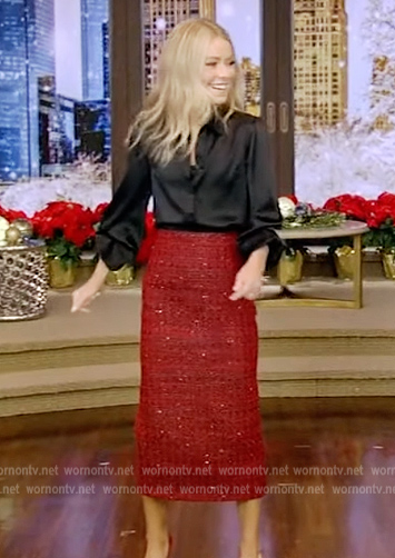 Kelly’s red metallic tweed skirt on Live with Kelly and Ryan