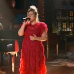 Kelly’s red ruffle maxi dress on The Kelly Clarkson Show