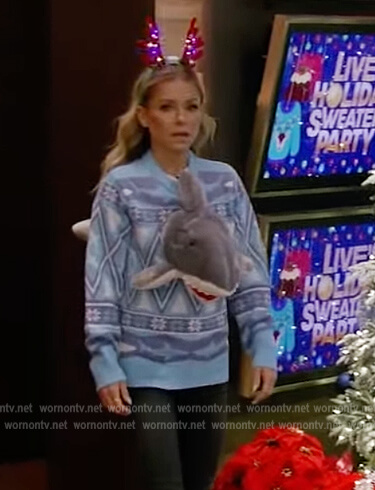 Kelly's blue 3d shark Christmas sweater on Live with Kelly and Ryan