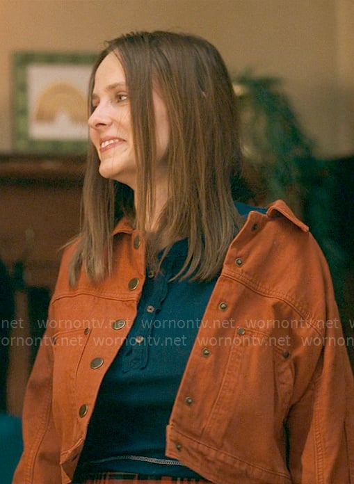 Kimberly's orange denim jacket on The Sex Lives of College Girls