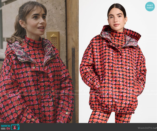 LA Double J Cherry print hooded windbreaker worn by Emily Cooper (Lily Collins) on Emily in Paris