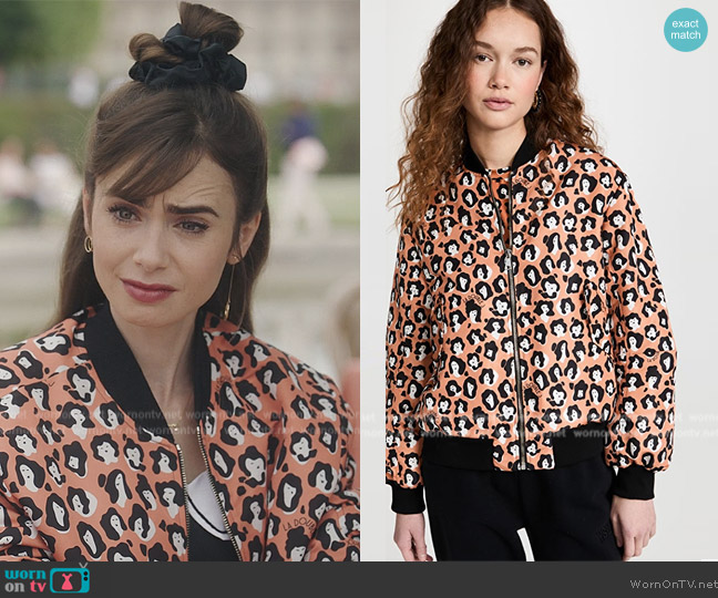 La Double J Bomber Jacket in Lady Leopard worn by Emily Cooper (Lily Collins) on Emily in Paris