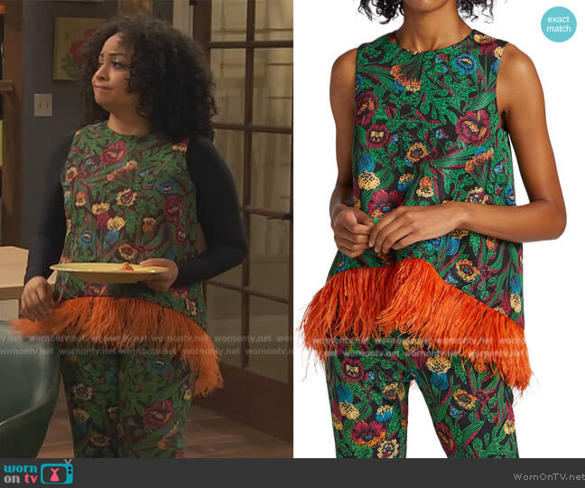 La DoubleJ Floral Garden-Print Top w/ Feather Trim  worn by Raven Baxter (Raven-Symoné) on Ravens Home