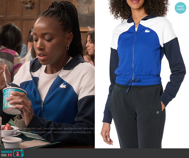 Whitney’s blue colorblock hoodie on The Sex Lives of College Girls