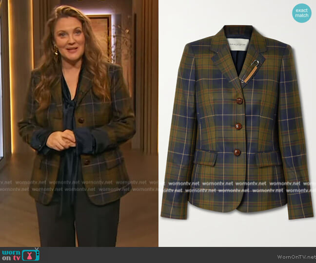 Lafayette 148  Embellished checked wool and silk-blend blazer worn by Drew Barrymore on The Drew Barrymore Show