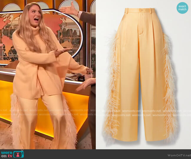 LaPointe Ostrich Feather Trim Silk Twill Trousers worn by Meghan Trainor on The Drew Barrymore Show